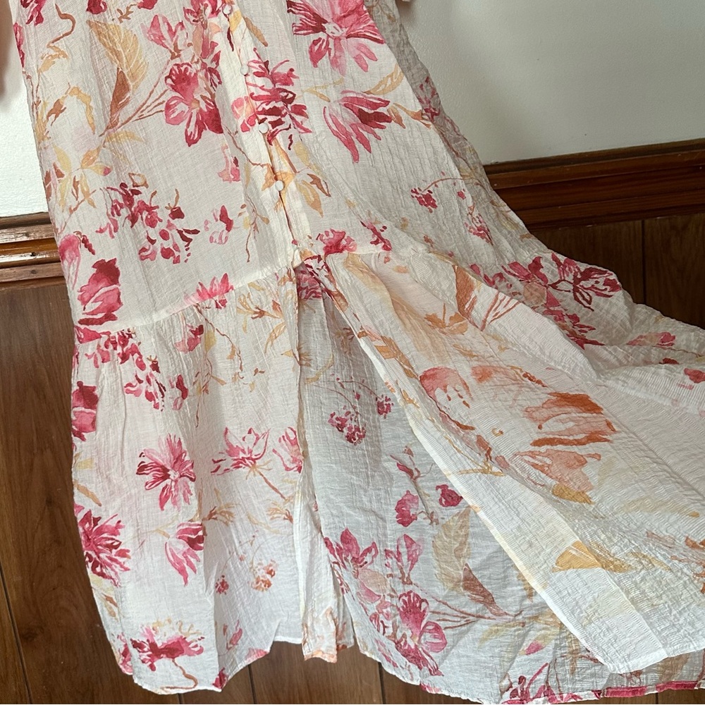 H&M Tie-Belt Crepe Floral Maxi Dress Size XL Balloon Sleeves Beach Coastal Vacay - Picture 4 of 14